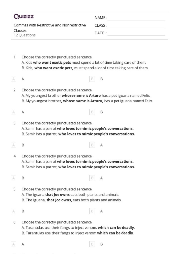 Sixth grade grammar worksheet showing examples of restrictive and nonrestrictive clauses with comma placement exercises