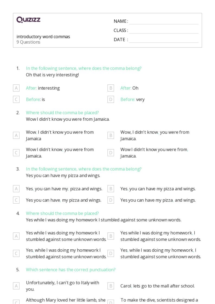 Sixth grade French grammar worksheet focusing on the correct placement of commas with nonrestrictive elements number 14