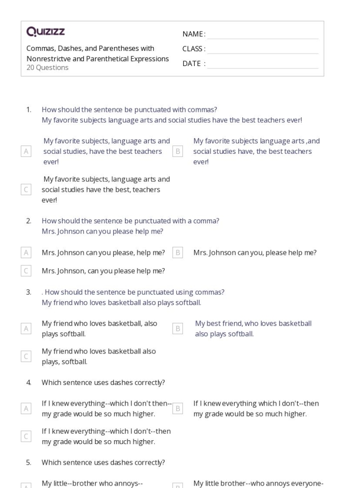 Sixth grade grammar worksheet showing sentences with restrictive and nonrestrictive clauses requiring comma placement practice