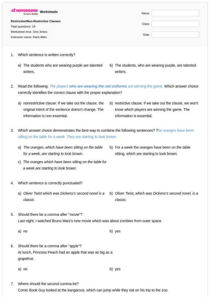 Sixth grade French grammar worksheet showing examples of restrictive and nonrestrictive clauses with comma placement exercises