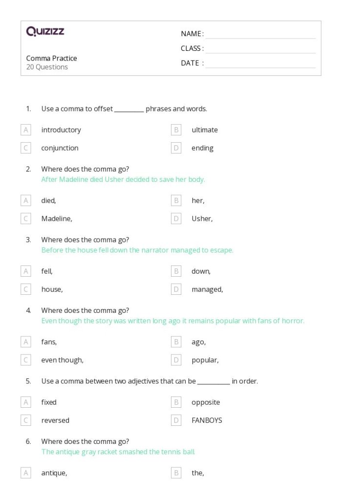 Sixth grade French grammar worksheet showing sentences with restrictive and nonrestrictive clauses requiring comma placement practice