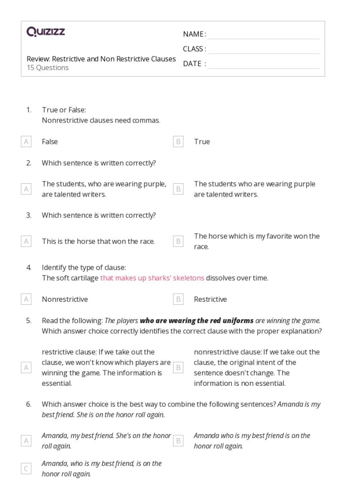 Sixth grade French grammar worksheet showing sentences with restrictive and nonrestrictive elements for comma practice