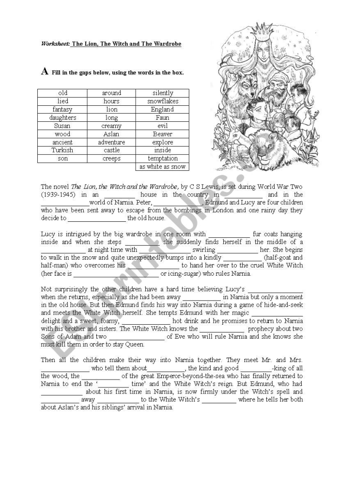 Comparing and Contrasting Scenes Worksheet for The Lion, the Witch and the Wardrobe Sixth grade students comparing and contrasting two scenes from The Lion, the Witch and the Wardrobe in a reading comprehension worksheet
