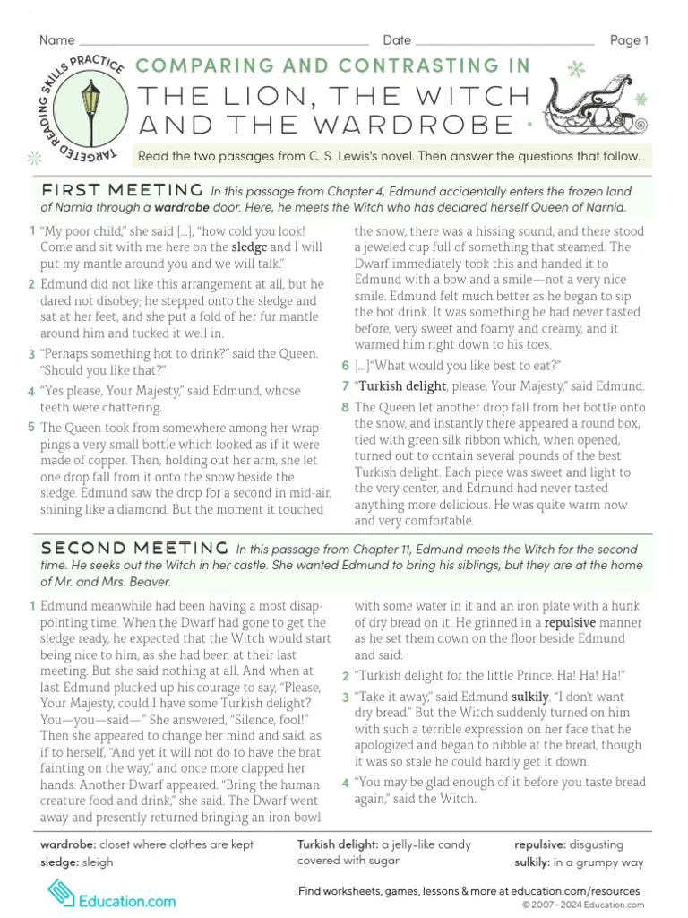 Sixth grade reading comprehension activity for analyzing similarities and differences in fantasy literature scenes Students completing a comparing and contrasting worksheet about two scenes from The Lion, the Witch and the Wardrobe
