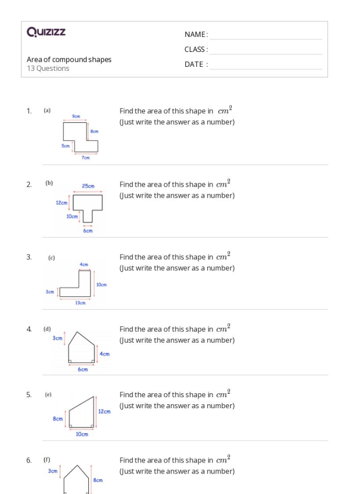 Worksheet for practicing the area of compound figures for sixth graders