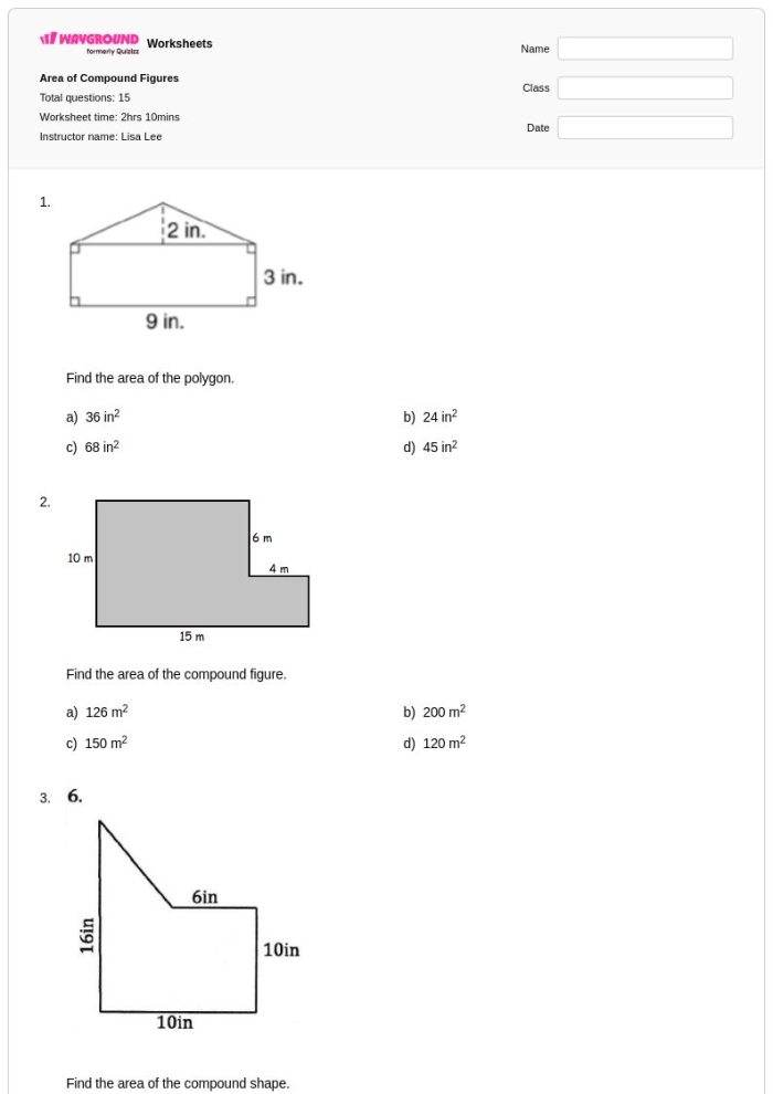 Worksheet featuring compound figures for area calculation in sixth-grade geometry