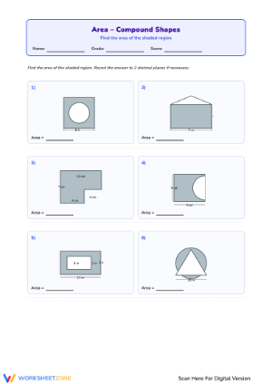Worksheet for calculating the area of compound figures for sixth graders
