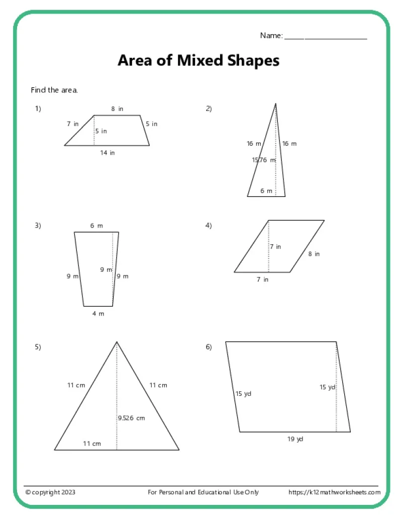Sixth grade math worksheet focused on calculating the area of various compound geometric shapes