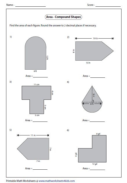 Worksheet for calculating the area of compound figures for sixth graders