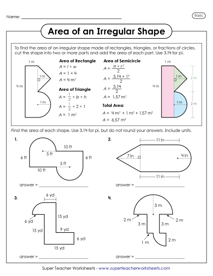 Worksheet for calculating the area of compound figures for sixth graders