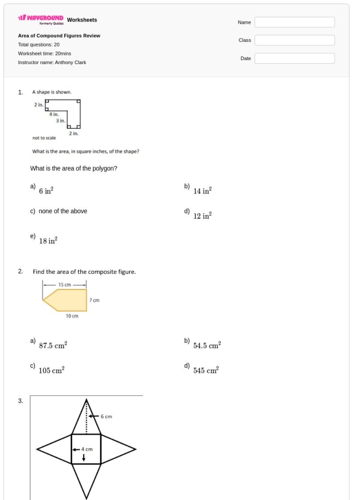 Worksheet for calculating the area of compound figures for sixth-grade students