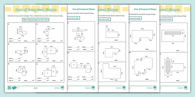Sixth grade math worksheet for calculating the area of compound geometric shapes