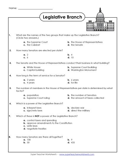 The Legislative Branch Two Chambers of Congress Worksheet Number 20 Sixth grade students learning about the House and Senate on a civics worksheet