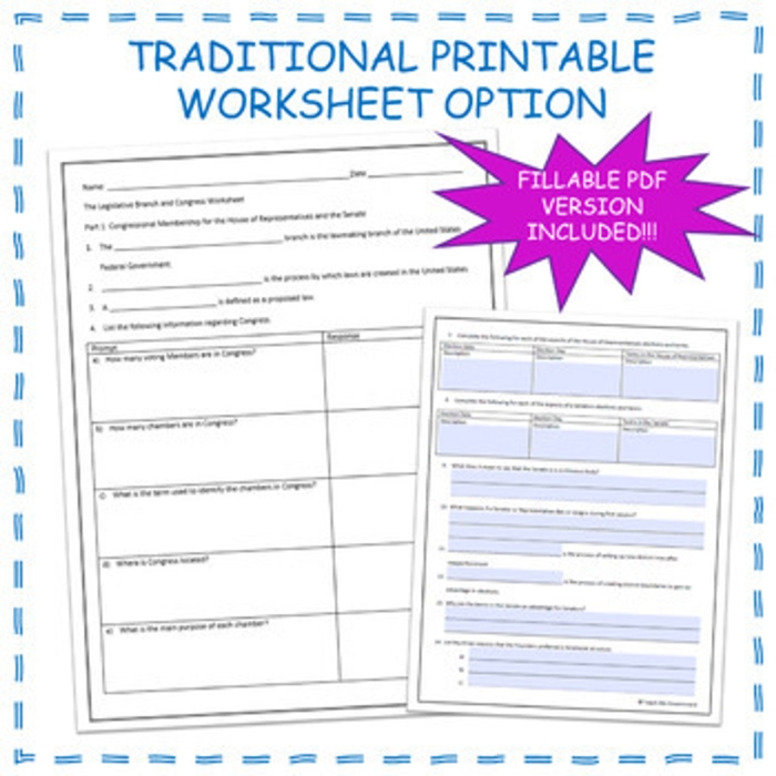 The Legislative Branch: Two Chambers of Congress Worksheet for Grade 6 Civics Sixth grade students completing a civics worksheet about the two chambers of Congress and the legislative branch