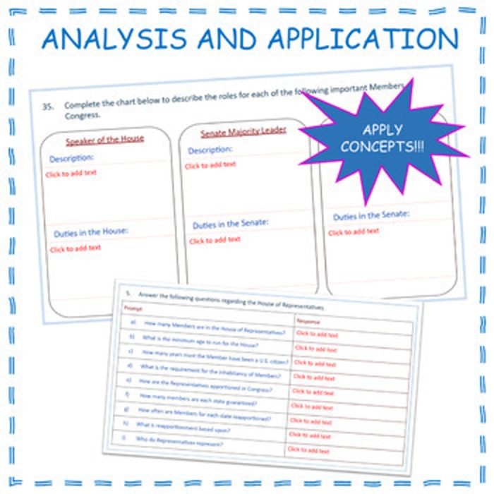 The Legislative Branch: Two Chambers of Congress Worksheet for Grade 6 Civics Learning Sixth grade students completing a civics worksheet about the two chambers of Congress and the legislative branch of government