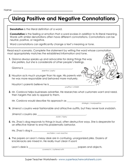 Worksheet for exploring positive connotations in language for sixth-grade algebra students