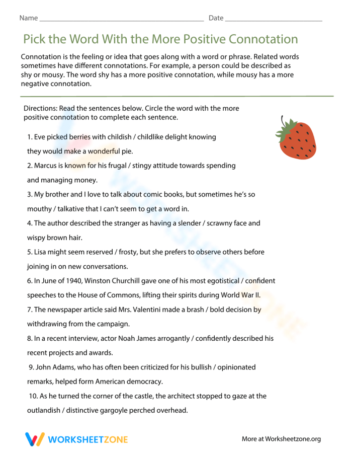 Worksheet for exploring positive connotation in language for sixth graders