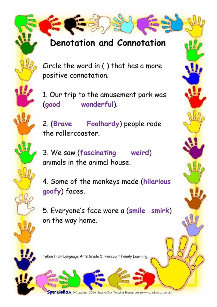 Sixth grade students practicing word choice and connotation nuance on a classroom worksheet