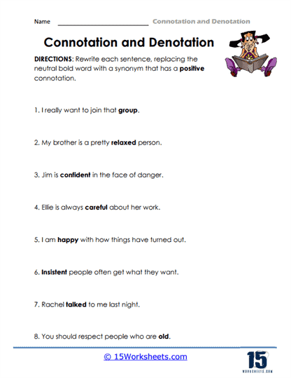 Sixth grade students exploring word connotation and emotional meaning in sentences on a worksheet