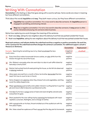 Sixth grade student analyzing word nuance and emotional connotation on a worksheet