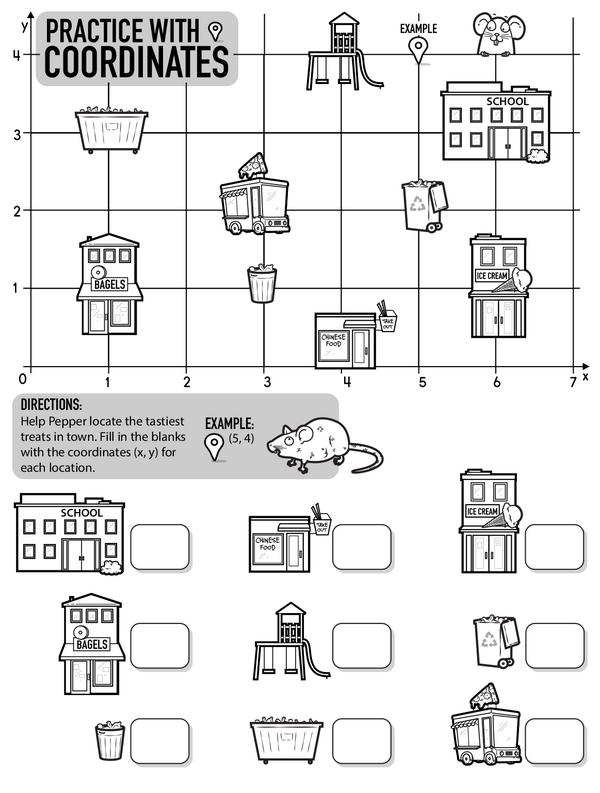 Sixth grade students plotting coordinates on a four quadrant grid to locate hidden treasure gems