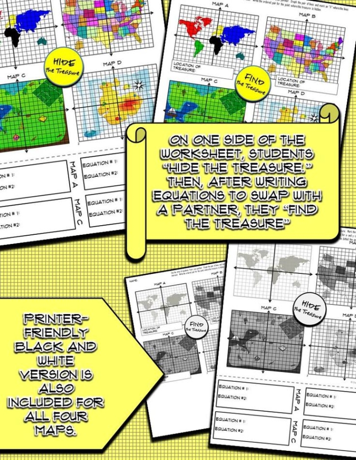 Sixth grade math worksheet showing a four quadrant treasure hunt grid for coordinate graphing practice
