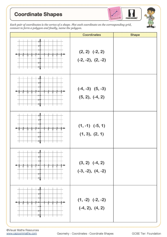 Sixth grade geometry worksheet featuring polygon drawings on a coordinate plane with specific vertex points