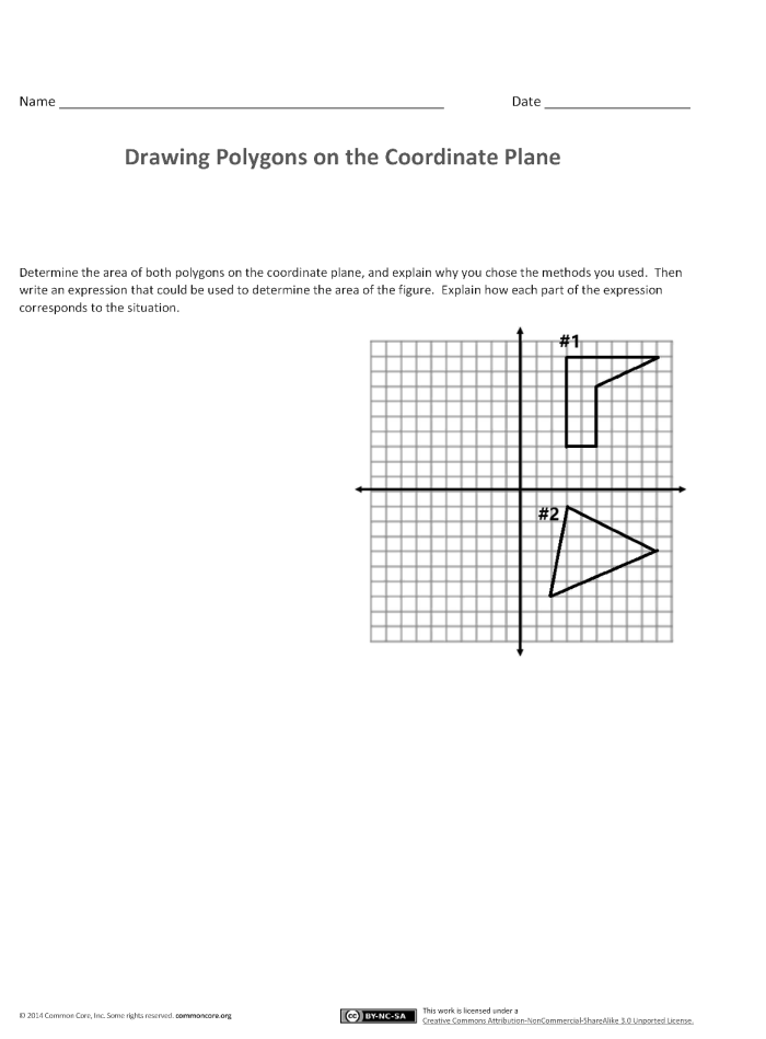 A sixth grade student solving a geometry problem about polygons on a coordinate plane worksheet.