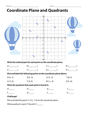 Sixth grade math worksheet featuring coordinate plane practice with four quadrants and fractional coordinates