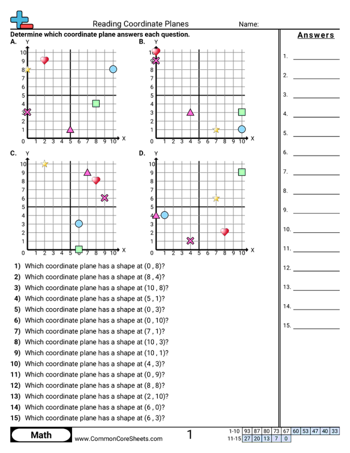 Worksheet featuring polygons plotted on a coordinate plane for sixth-grade geometry practice