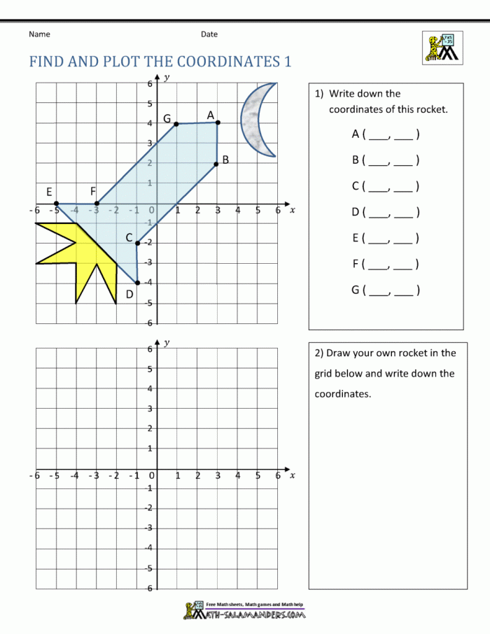 Sixth grade geometry worksheet featuring polygon shapes plotted on a coordinate plane