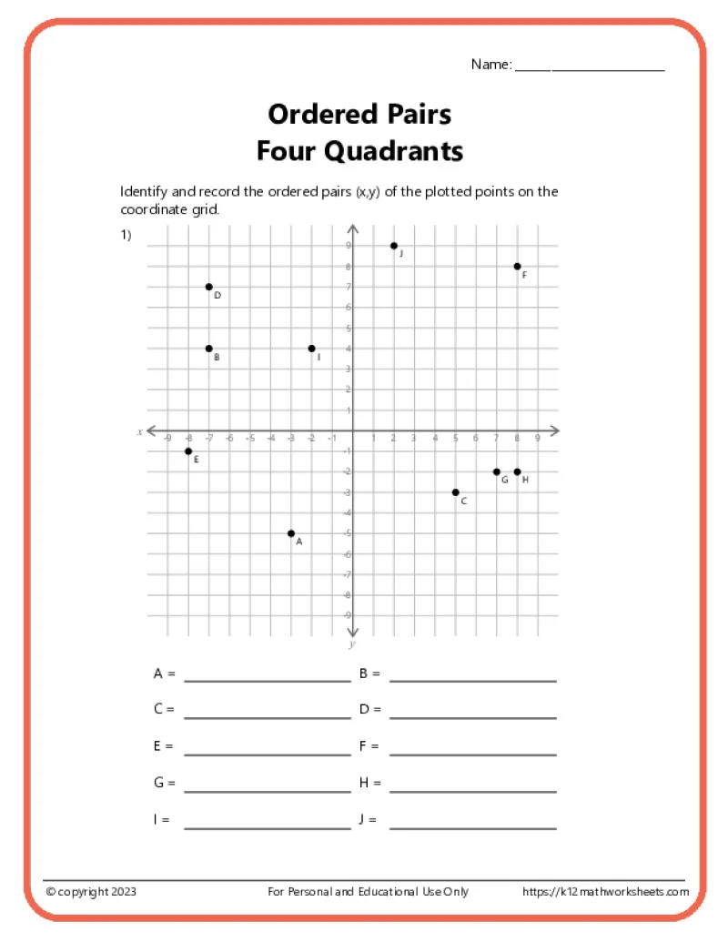 Sixth grade math worksheet for plotting ordered pairs on a four quadrant coordinate plane