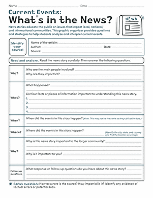 Analyzing current events with a sixth grade news report worksheet number 14 Sixth grade student filling out a Current Events Whats in the News graphic organizer worksheet