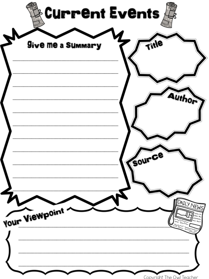 Current Events: What's in the News? worksheet for grammar and mechanics Graphic organizer for sixth graders to analyze current events and news articles