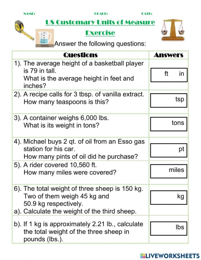 Practice worksheet on converting customary and metric units for grade six students Worksheet for converting between customary and metric units of measurement for sixth graders