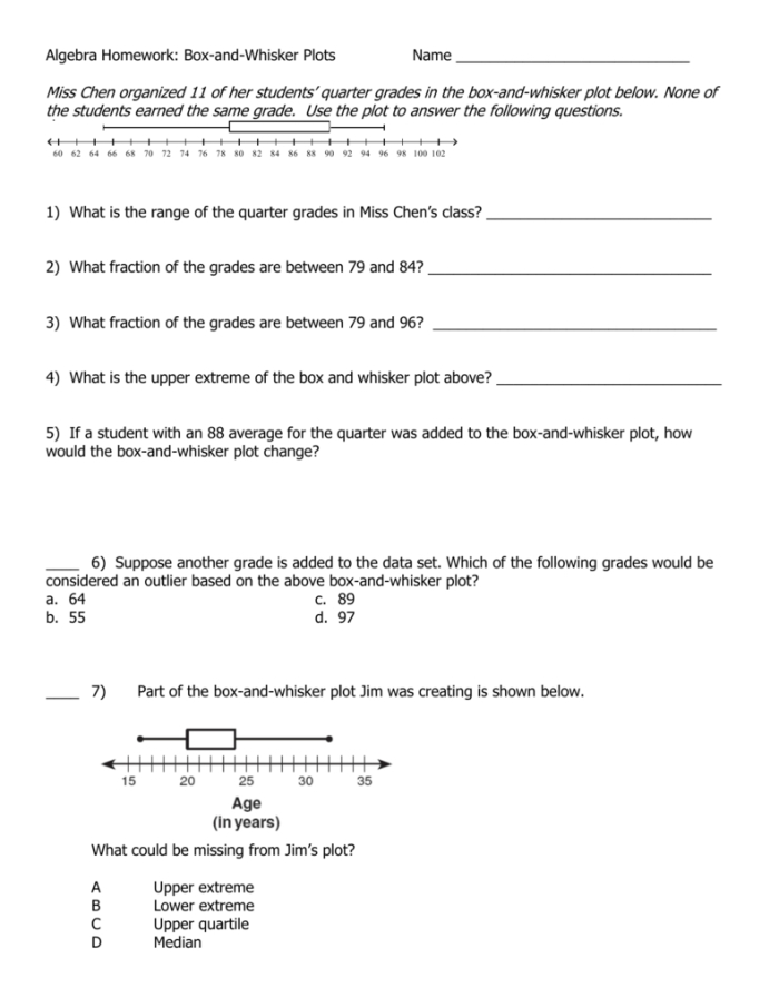 Box and Whisker Plot worksheet illustrating the five-number summary for data analysis