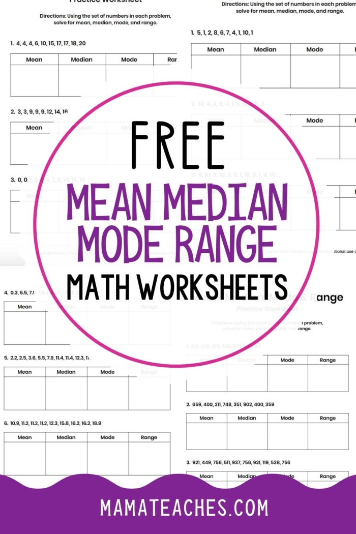 Sixth grade math worksheet for calculating mean median mode and range of data sets