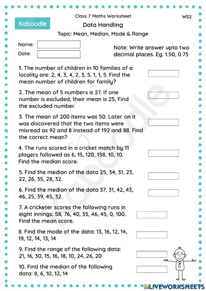 Sixth grade math worksheet for calculating mean median mode and range from data sets