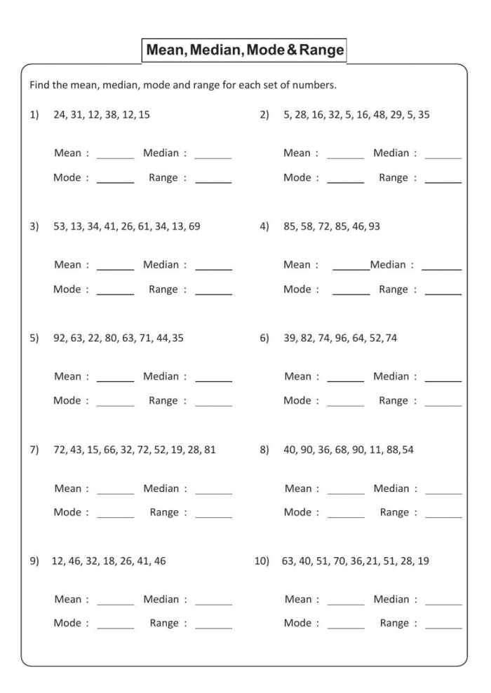 Sixth grade worksheet on finding mean median mode and range for data sets