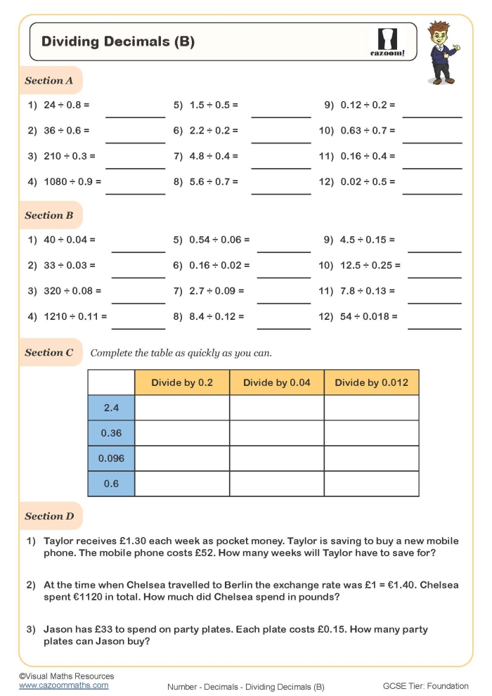 Math worksheet image for mastering the standard algorithm of division with decimals Division with Decimals worksheet for sixth-grade students to practice multi-digit decimal division