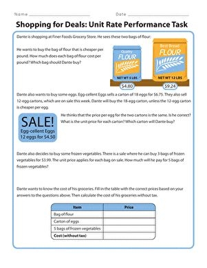 Shopping for Deals Unit Rate Performance Task Math Worksheet for Grade 6 Sixth grade student completing a math worksheet focused on calculating unit rates and decimal operations for shopping deals