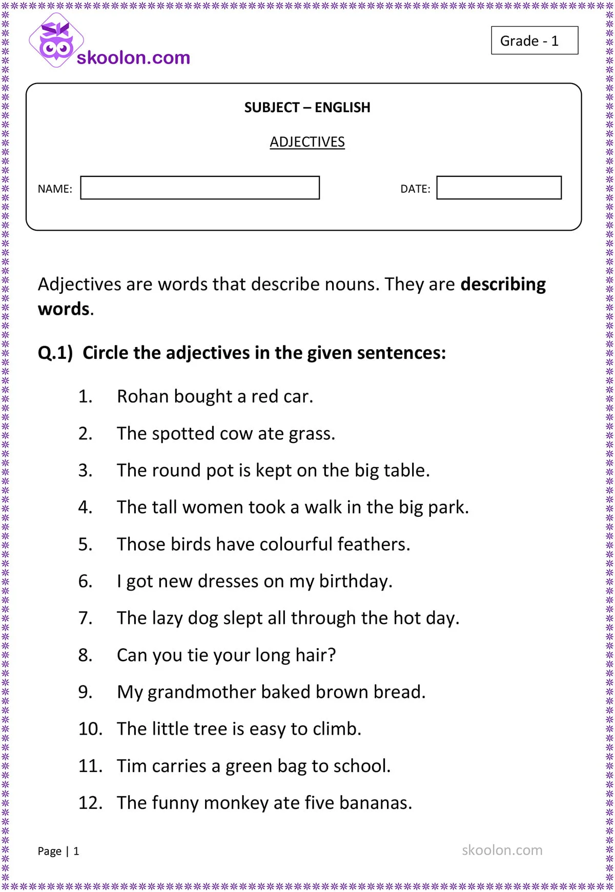 Sixth grade students using a printable writer’s word bank worksheet filled with descriptive adjectives
