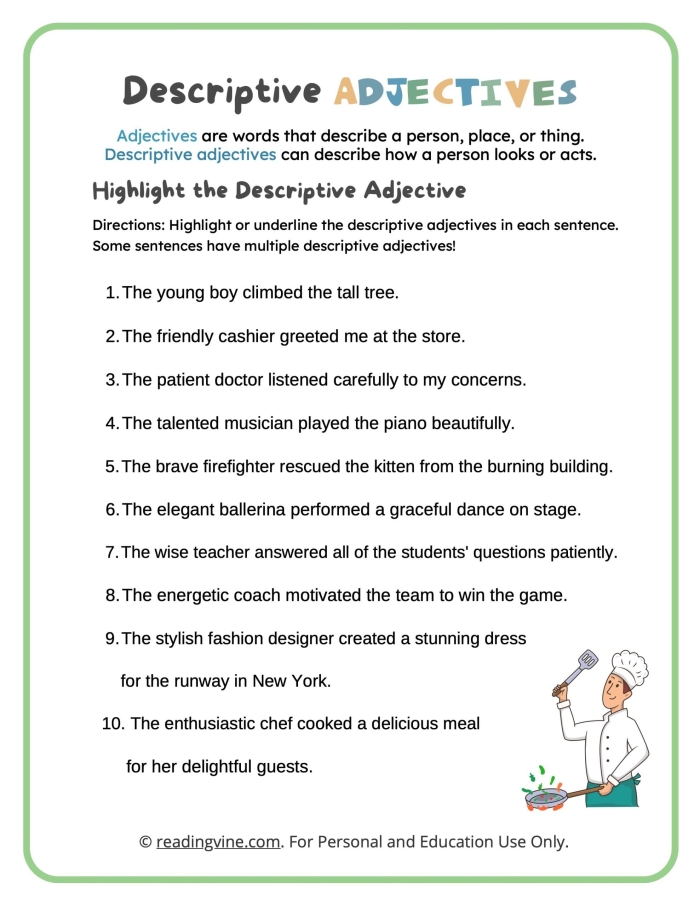 Sixth grade adjective reference sheet for building descriptive vocabulary