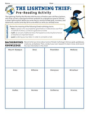 Novel Study: The Lightning Thief Character Dialogue Analysis Worksheet Worksheet for analyzing character dialogue in The Lightning Thief by Rick Riordan