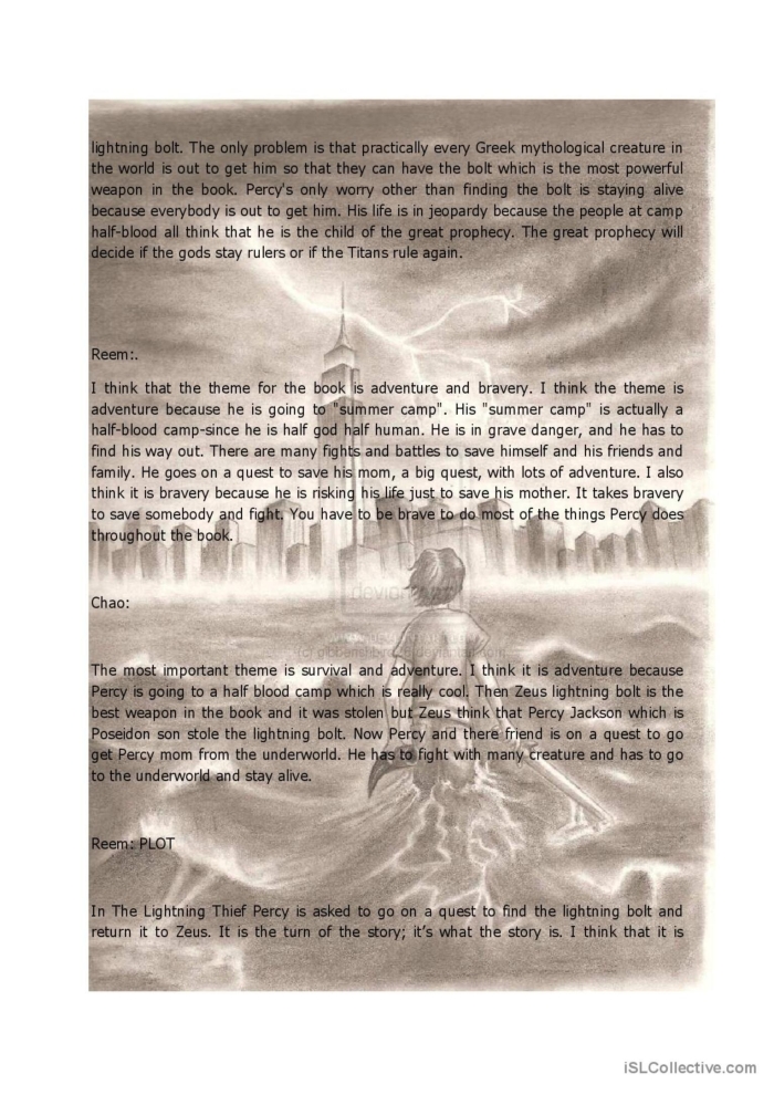 Character study worksheet analyzing Rick Riordan dialogue techniques for sixth graders 14 Sixth grade students practicing dialogue analysis on a worksheet for The Lightning Thief