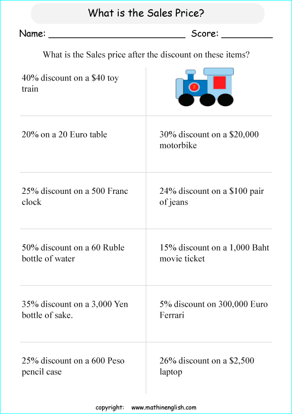 Sixth grade math worksheet showing students how to calculate discounts using decimals and percentages
