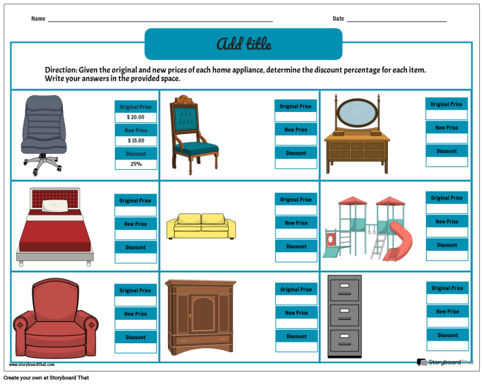 Sixth grade addition worksheet showing how to calculate discounts using decimals and percentages