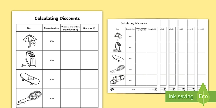 Sixth grade math worksheet showing students how to calculate discounts using decimals and percentages