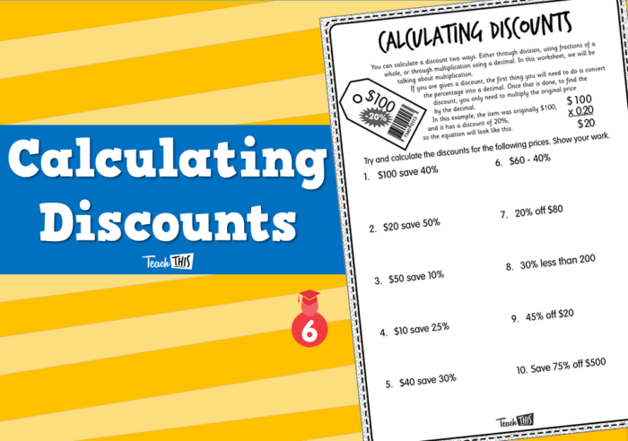 Sixth grade math worksheet showing students how to calculate discount percentages and decimal values