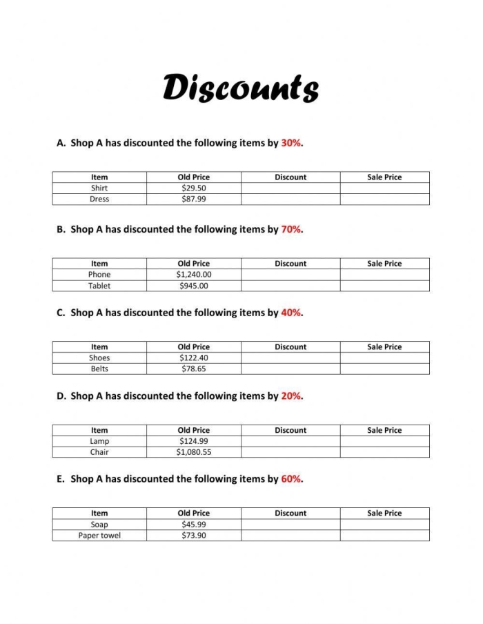 Sixth grade math worksheet focused on using decimals and percentages to calculate product discounts